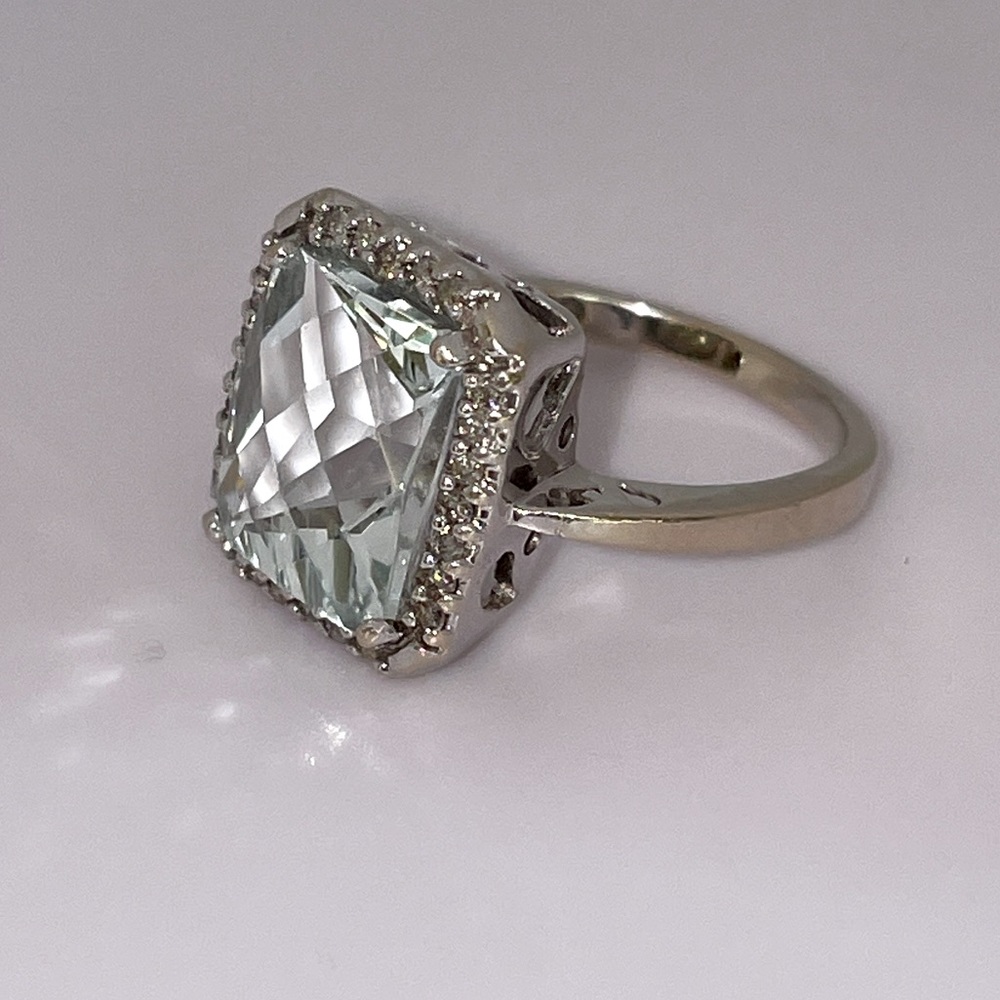 Solid 14K White Gold Fancy Cut Natural Aquamarine Diamond Halo Ring